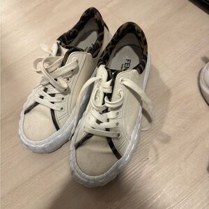 Fendi Beige and White Canvas Sneakers